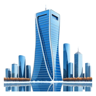 Apple style 3D emoji of the Evolution Tower from Moscow City.
Twisted skyscraper made of blue reflective glass, realistic reflections, light snow on the edges. Glossy 3D icon, smooth shading, high quality, isolated on a white background. sticker