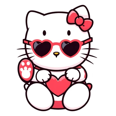 Hello kitty with heart shaped sunglasses with her little finger paw in her mouth bitting it sticker