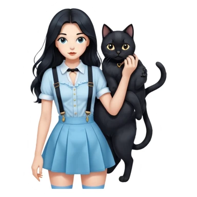 A sexy girl with long hair wearing a light blue suspender skirt holding a black cat sticker