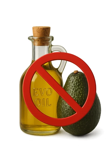 BOTTIGLIA DI OLIO EVO E AVOCADO CON DIVIETO SOPRA,  iperrealistico 4k sticker