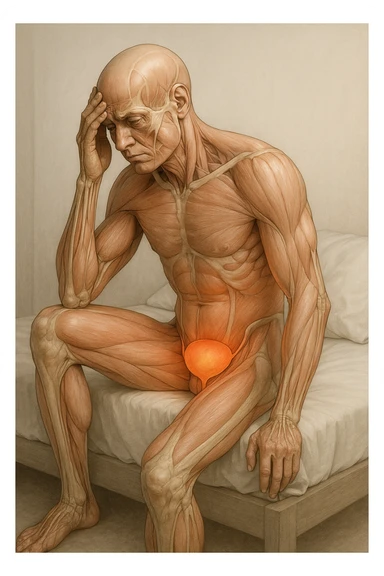 CORPO UMANO ANATOMICO SEDUTO NEL LETTO CHE NON RIESCE A DORMIRE, VESCICA ANATOMICA IN EVIDENZA, IPERREALISTICO SFONDO CHIARO NEUTRO sticker