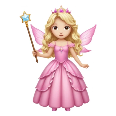 Detailed long pink princess dress, long blonde wavy hair, pink fairy wings sticker