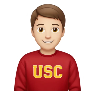 happy pale white man with brown hair in a red sweatshirt with USC in yellow letters sticker