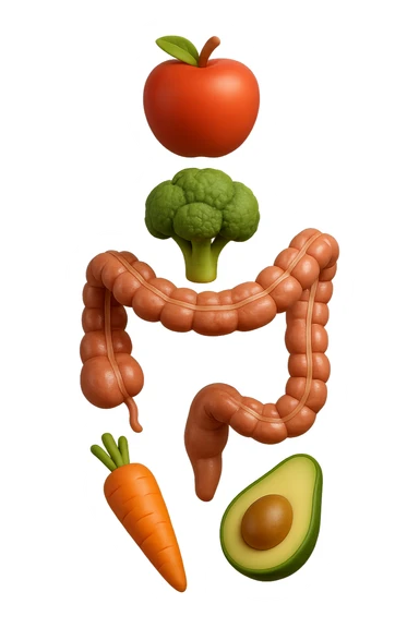 emoji stile iphone in 3d di cibo sano che fluttua in aria vericalmente insieme ùa pezzi di colon umano anatomico, iperrealistico 4k sticker