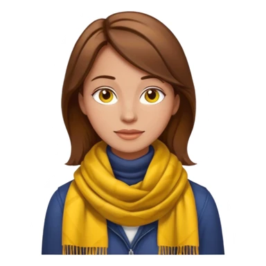woman emoji with brown hair, no earrings, no necklaces, no jewelry, wearing yellow Pathfinder scarf, apple emoji style, transparent background sticker