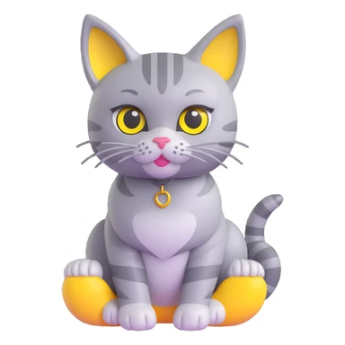 Cute gray tabby cat with big yellow eyes, sitting, shiny and glossy, in 3D iOS emoji style on a transparent background. sticker
