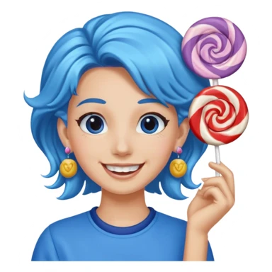 candy shop vendor, looking like candy with candy earrings and candy hair with big smile and blue sticker