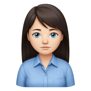40 yr old woman, blue eyes, long straight dark brown hair, business shirt, chubby, bangs, long hair, tired, small smile sticker