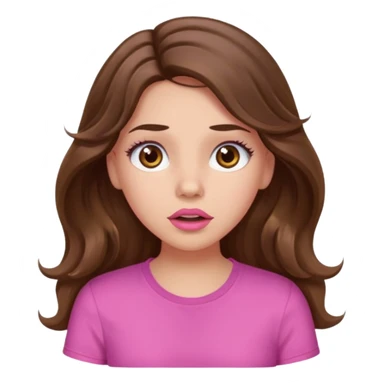 girl with long wavy brown hair, brown eyes, light to medium complexion, in a pink shirt, pink lips, long lashes, surprised sticker