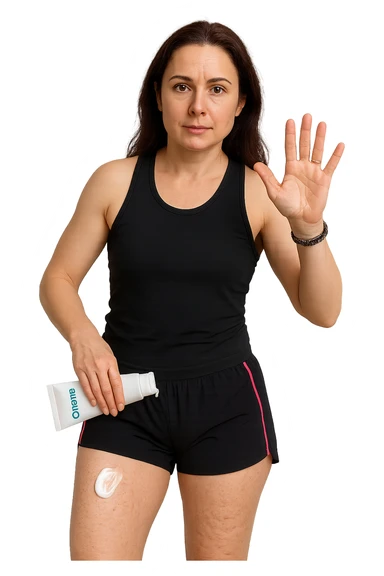 Donna con cellulite sulle cosce che usa una crema chiamata "Crema snellente" sticker