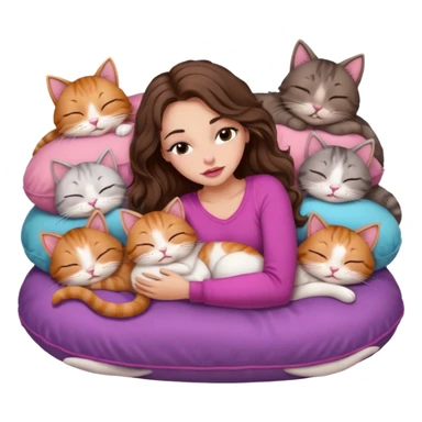 girl with long wavy brown hair, brown eyes, long lashes makeup, sexy pink lips, sleeping on a cozy pillow with 6 cats sticker
