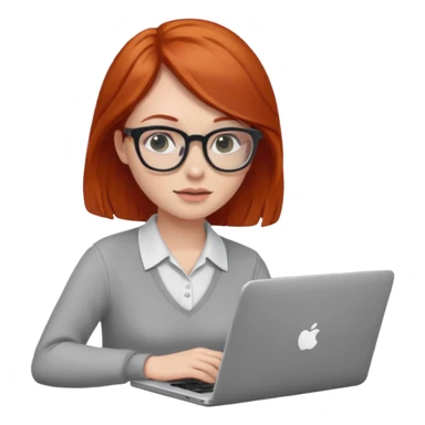 redhead female with glasses focused on a laptop sticker
