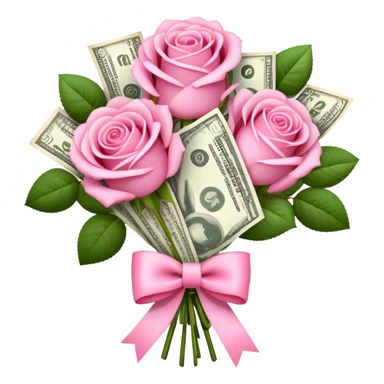 Bouquet of pink roses and money with pink bow sticker