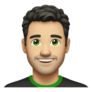 Handsome man with dark hair, gradient short hair on the side, green eyes. Big smile and thin face. Black t-shirt and two earlobes piercing  sticker