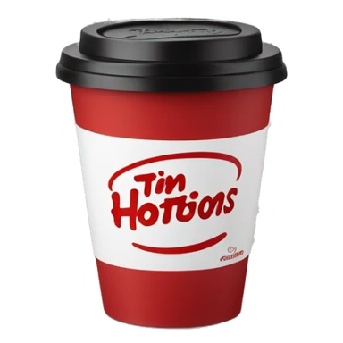 “Red Tim Hortons coffee cup with large white ‘Tim Hortons’ logo in script, black plastic lid, and a simple, clean design.” sticker