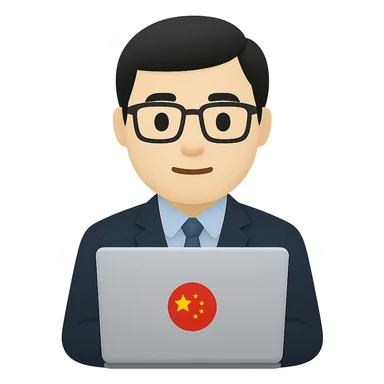 Chinese professional agent, at work, using a laptop, clean background, vector art sticker