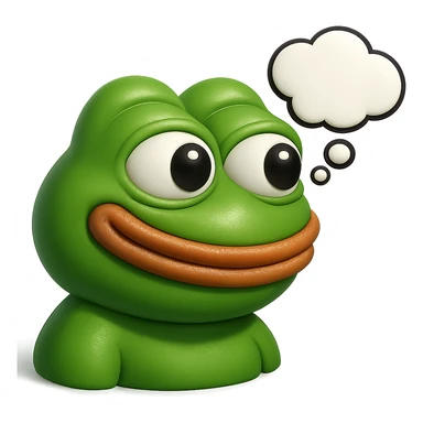 make a pepe in bright green smiling with thought bubble looking at right side in 3d style, good highlights and shadows, drop shadows sticker