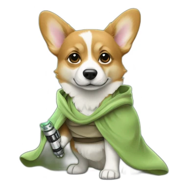 Corgi dress as yoda with one light saber green sticker
