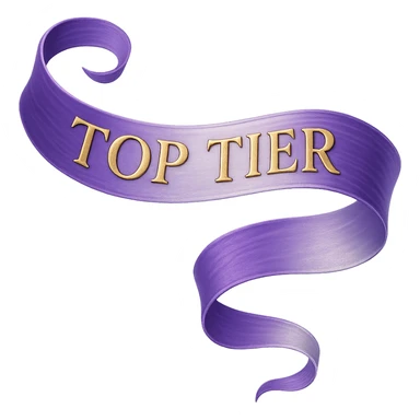 An elegant, flowing ribbon in a vibrant gradient of purple and silver, with the words 'TOP TIER' embossed in a sophisticated, slightly raised gold lettering, no background sticker