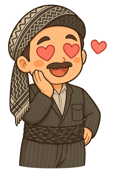 Create a colorful and cheerful cartoon sticker of a Kurdish man in the same clothes and scarf as the reference image, with a romantic facial expression and heart-shaped eyes similar to the 😍 emoji. The man should have one hand touching his face (e.g., cheek or chin). The image should have no shadows or color halos around it, no text, and a completely transparent background. Suitable for WhatsApp and Instagram. sticker
