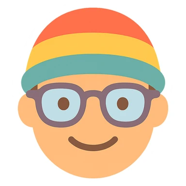 a face wearing a colorful hat and retro glasses, minimal and flat colors, icon style sticker