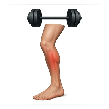 realistic human leg with overload represented by stylized weights above the leg, red area, 3D effect, isolated on white background sticker