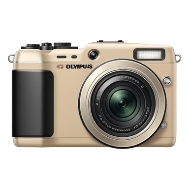 Extremely minimal Olympus Superzoom 70G camera, grayish-beige color, very simplified design with only essential elements, basic rectangular shape, minimal indication of lens, clean flat style with almost no details sticker