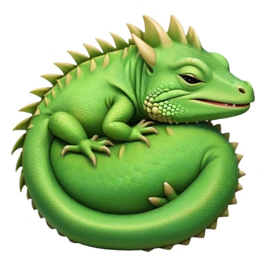Meme-Worthy Cute Sleeping Iguana Portrait Emoji, Head resting peacefully with a contented smile, showcasing a solid, textured body with a subdued spiky crest and eyes gently closed in serene slumber, Simplified yet adorably endearing features, highly detailed, glowing with a soft, drowsy jungle light, high shine, relaxed and utterly lovable, stylized with an air of playful laziness, soft glowing outline, capturing the essence of a sleeping iguana that feels destined to become the next viral icon of adorable rest! sticker