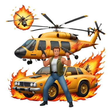 Icon for Action Movies: Arnold Schwarzenegger in the lead role, in an intense action pose with weapons, explosions, a car and helicopter flying out of flames in the background. The design should capture the explosive energy and heroism of classic action films. Transparent background. sticker