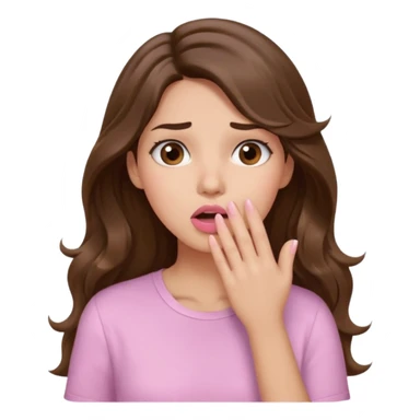 girl with wavy long brown hair, brown eyes, light to medium complexion, long lashes, light pink lipstick, wearing light pink shirt, shocked, hand covering mouth sticker