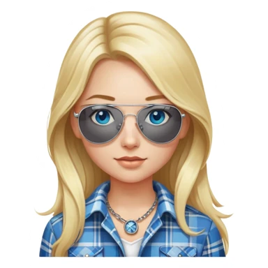 girl with long blond hair, wearing plaid shirt with blue eyes and aviator sunglasses wearing a ring on her silver necklace sticker