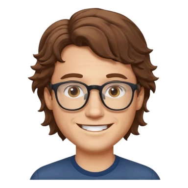 white male with glasses and brown wavy hair, smiling emoji sticker