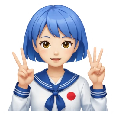 Energetic anime girl with short blue hair wearing Japanese sailor style school uniform, winking and making peace sign, kawaii style sticker