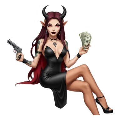 Lilith model red eye sexy black  devil horns.  long brown haired sexy succubus woman with leather long dress slit, sitting in limo. Wearing Black Platform high heels on feet. Tattoo sleeve arms, she has stacks of cash and a man dead human skull is on top of stack of cash and a gun in  hand sticker