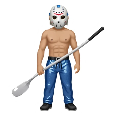 Jason Voorhees with white hockey mask, blue-gray sequin baggy pants, shirtless with necklace sticker