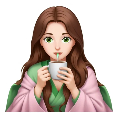 woman with very long brown hair and green eyes in a light pink blanket sipping coffee sticker