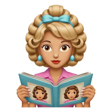 mujer en la peluquería con rulos en la cabeza y leyendo una revista, estilo vintage sticker