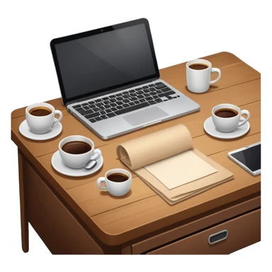 emoji of a cozy desk with a paper, a single coffee, and a laptop on it sticker