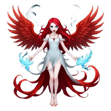 full body portrait of an extremely diabolical girl with pale white skin, massive towering wings, very long flowing blood red hair, glowing blue eyes, evil grin, no accessories, with swirling red and black smog/smoke at the bottom of her feet sticker