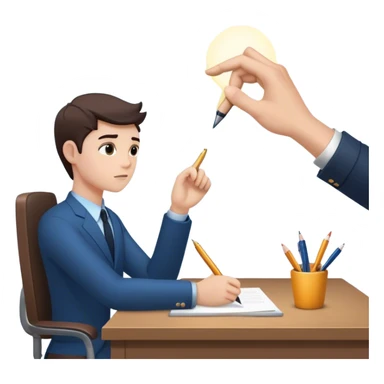 The present self sits at a desk, hesitating, while another glowing hand—representing the future self—rests reassuringly on their shoulder. In the other hand, the future self holds out a pen, gently encouraging action, symbolizing the power of starting despite doubt. sticker