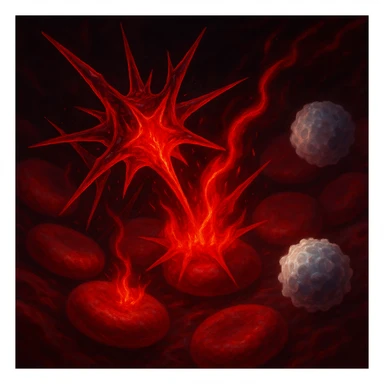 artistic close-up of omega-6 fatty acid molecules in the bloodstream, depicted as sharp, aggressive red structures glowing with inflammation effects, interacting with healthy cells triggering red flames or inflammation signals, nearby white blood cells reacting defensively, surreal medical semi-realistic style with luminous inflammation effects sticker
