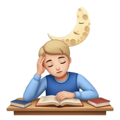 a tired person infront of a book learning with moon and stars behind sticker