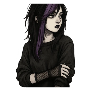 emo girl with purple streaks, fishnet gloves, black lipstick, oversized sweater, looking away sticker