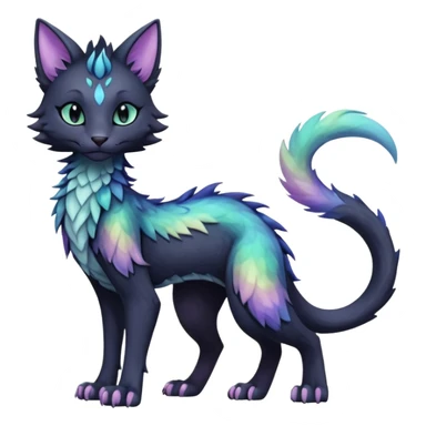 Kawaii black pastel iridescent beautiful pretty elegant divine edgy fantasy feline-vernid-sergal-fursona animal creature with a tufted tail full body with intricate markings  sticker