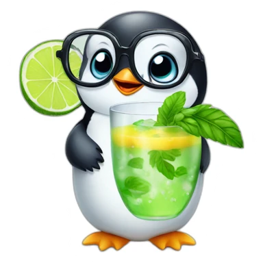 baby penguin with big glasses drinking mojito sticker