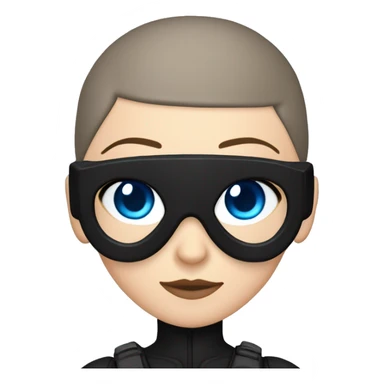 white girl, blue eyes, buzzcut hair, all black ninja outfit, drone goggles on top of head sticker