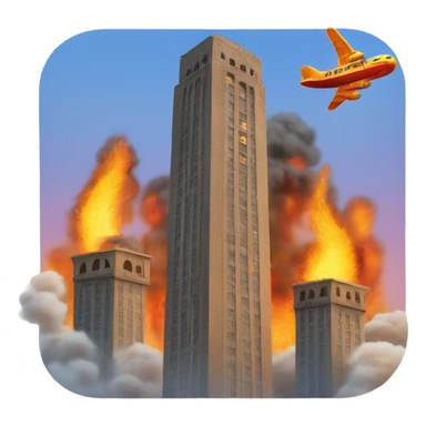 Two square towers on fire and an airplane in background sticker