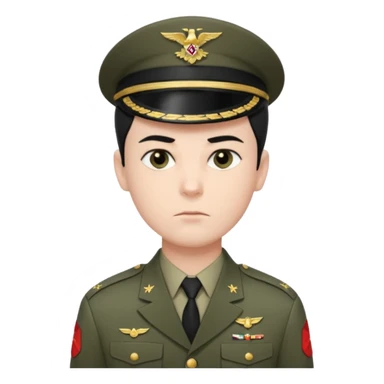 short black neat hair, sharp dark gray eyes, pale skin, serious expression, wearing military uniform, upright posture, minimal accessories, sharp and precise style. Man sticker