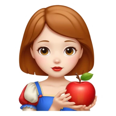 Create an emoji of Snow White holding a red apple, with short golden-brown hair Please create it in a super cute Japanese kawaii emoji style. sticker