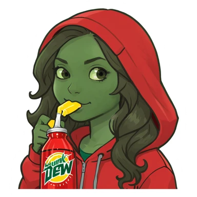 A girl with long brown wavy hair light brown skin wearing red hoodie and drinking Mountain Dew  sticker